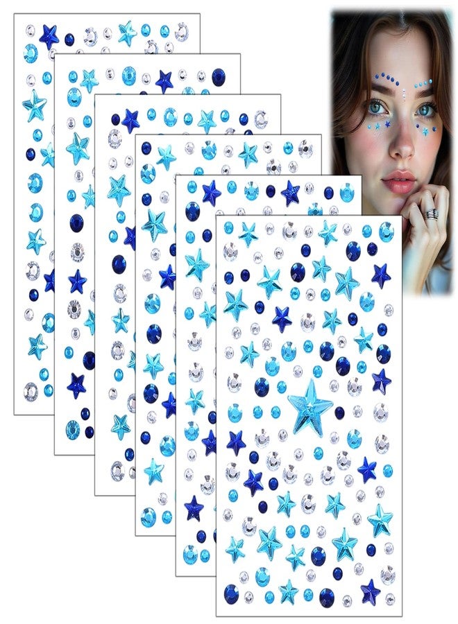 Gtziqa 6 Sheets Blue Face Gems Stick, Star Rhinestone Face Jewels Gems Self-Adhesive Body Gem Independence Day Jewels Stickers Diamonds for Women Eyes Cheeks Nails Hair Body Festival Makeup - Image 1